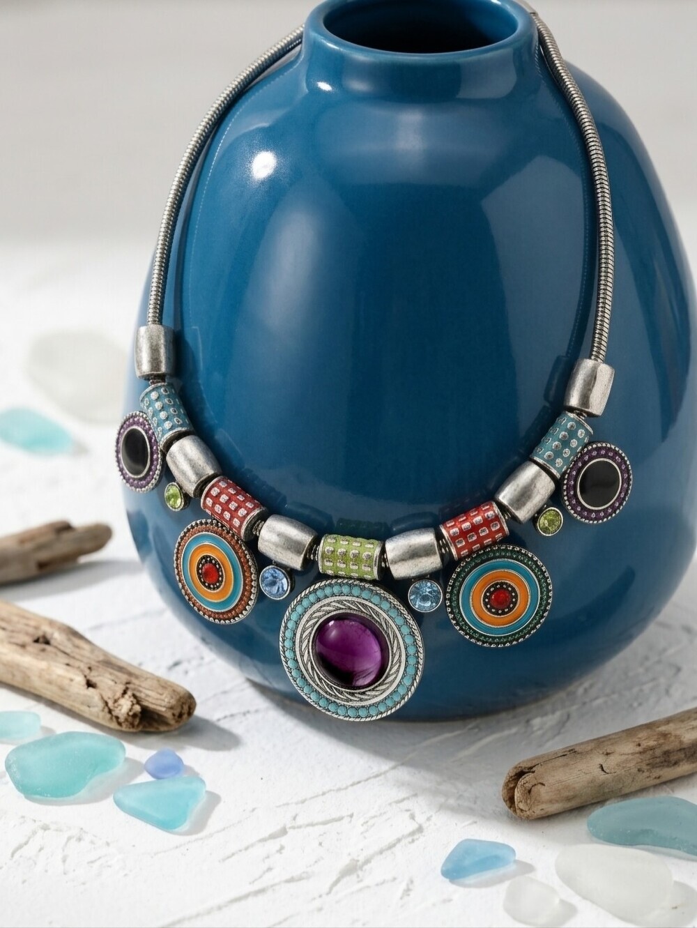 Boho Multicolor Enamel Disc Statement Necklace Silver Tone Ethnic Bib Collar 16"